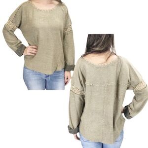 By Together Tan Frayed Edge Scooped Neck Sweater Oversized Sz S